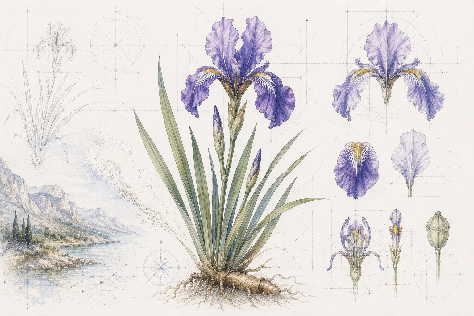 Aquarellillustration einer Schwertlilie mit feinen botanischen Konturlinien