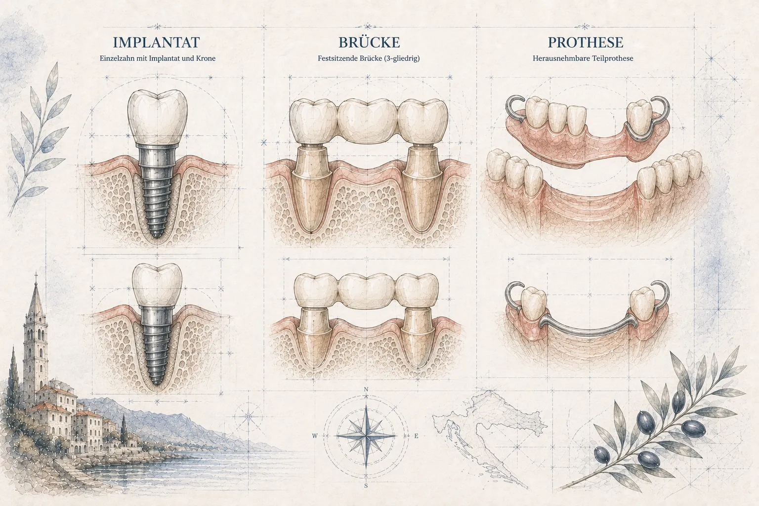 Zeichnerische Darstellung von Implantat, Brücke und Prothese im Vergleich