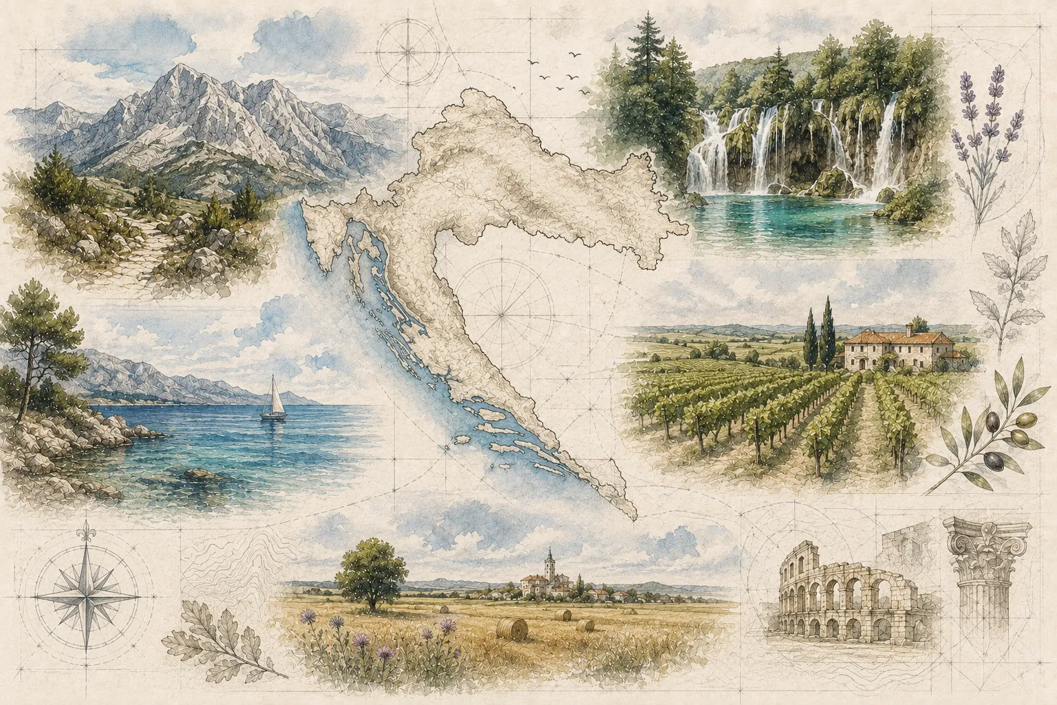 Landschaftsillustration des kroatischen Binnenlands