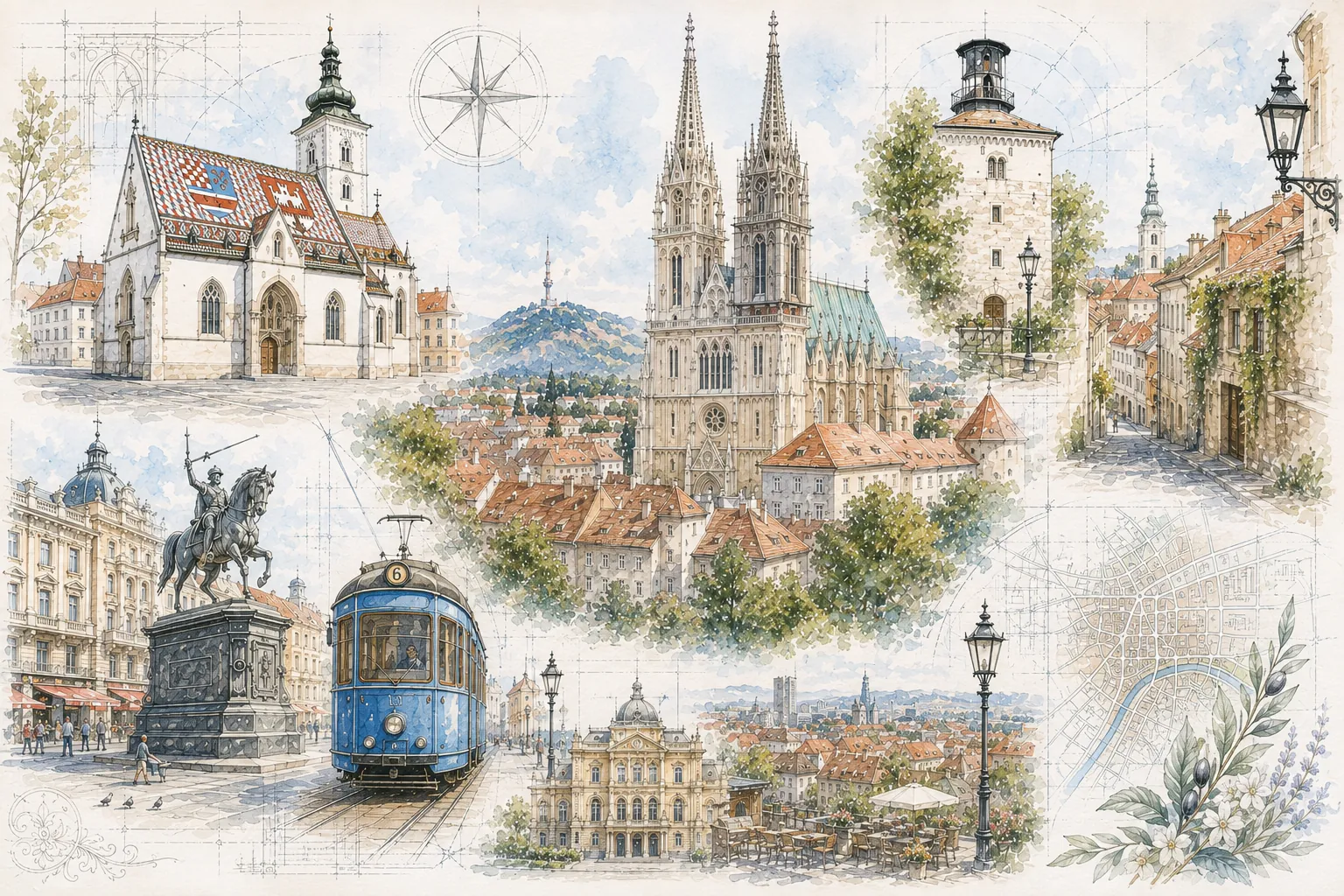 Aquarellillustration der Zagreber Altstadt