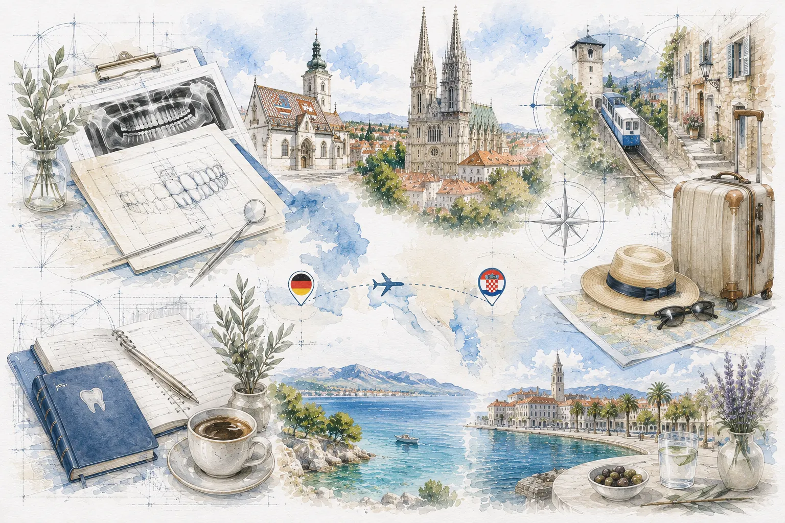 Illustration zum Verbinden von Zahnbehandlung und Reise